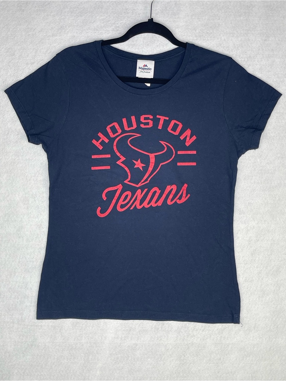 Majestic Navy Houston Texans Short Sleeve Tee with Red Logo Women’s size Large